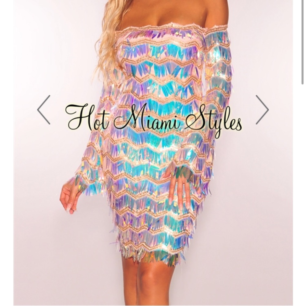 Rose Gold Iridescent Off Shoulder Dress